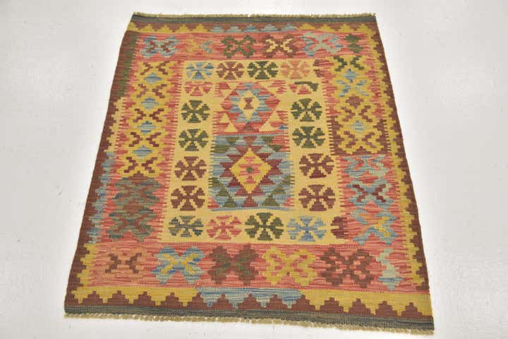 3' 4 x 3' 6 Hand Woven Kilim Maymana Wool Square Rug