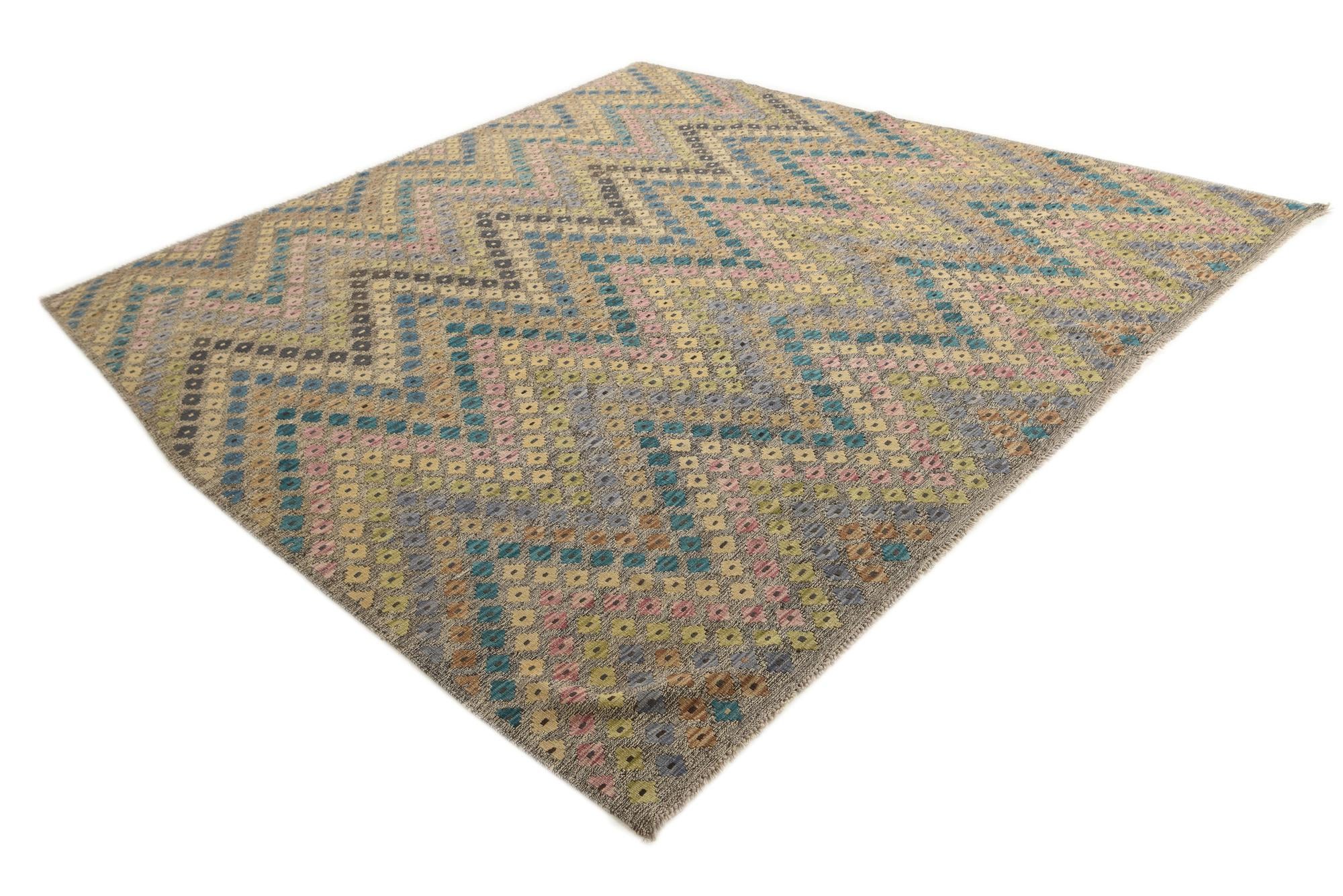 9' 1 x 9' 6 Hand Woven Kilim Modern Wool Square Rug