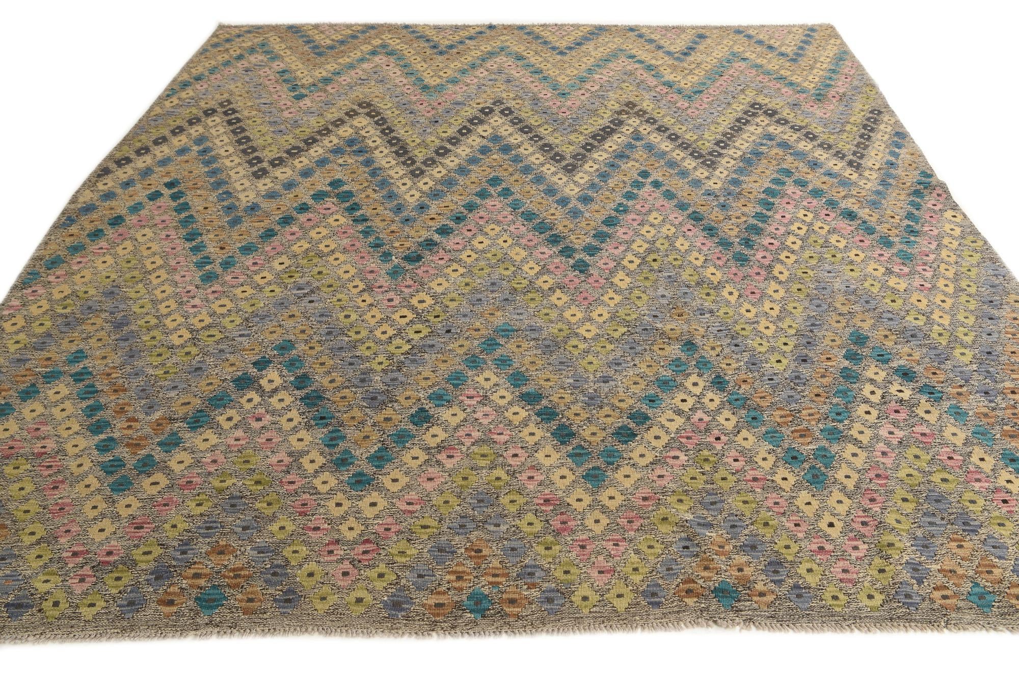 9' 1 x 9' 6 Hand Woven Kilim Modern Wool Square Rug