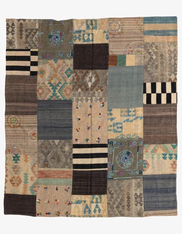 7' x 8' 1 Hand Woven Kilim Patchwork Wool Square Rug