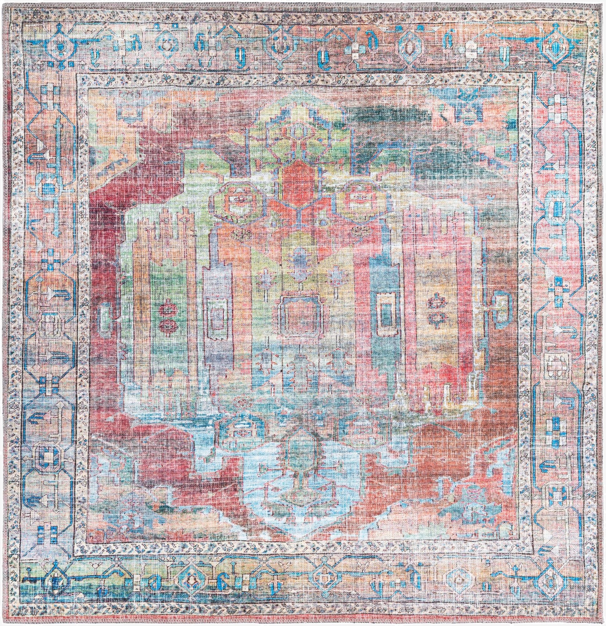 A 5' 3 x 5' 3 square multi-colored rug with a distressed traditional medallion and tribal pattern, featuring shades of red, blue, green, and orange.