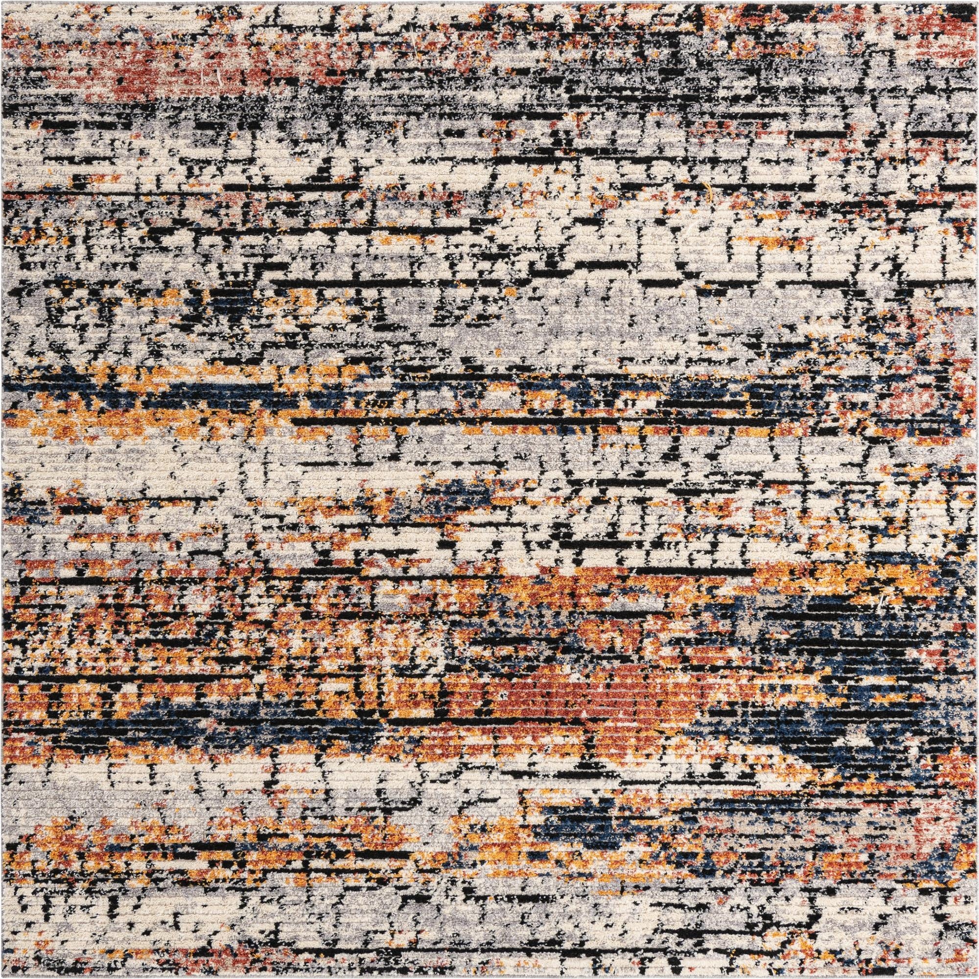 A multi-colored 8x8 square shag rug with a modern Southwestern stripe pattern in shades of cream, grey, orange, rust, and navy.