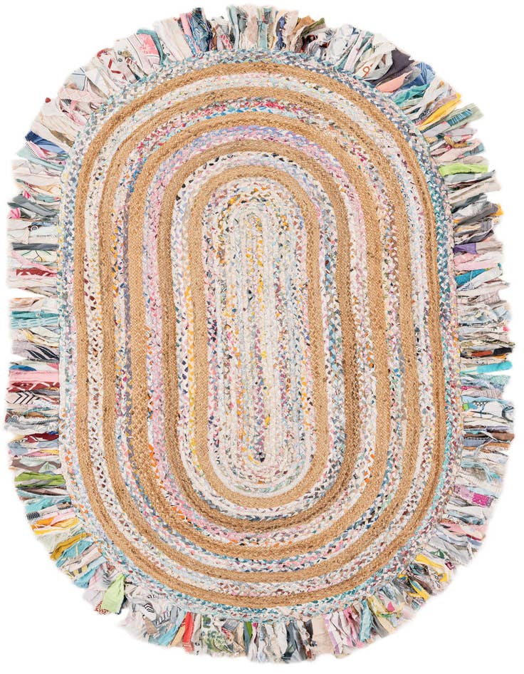 Detail image of 5' 1 x 8' Hand Braided Chindi Jute Oval Rug
