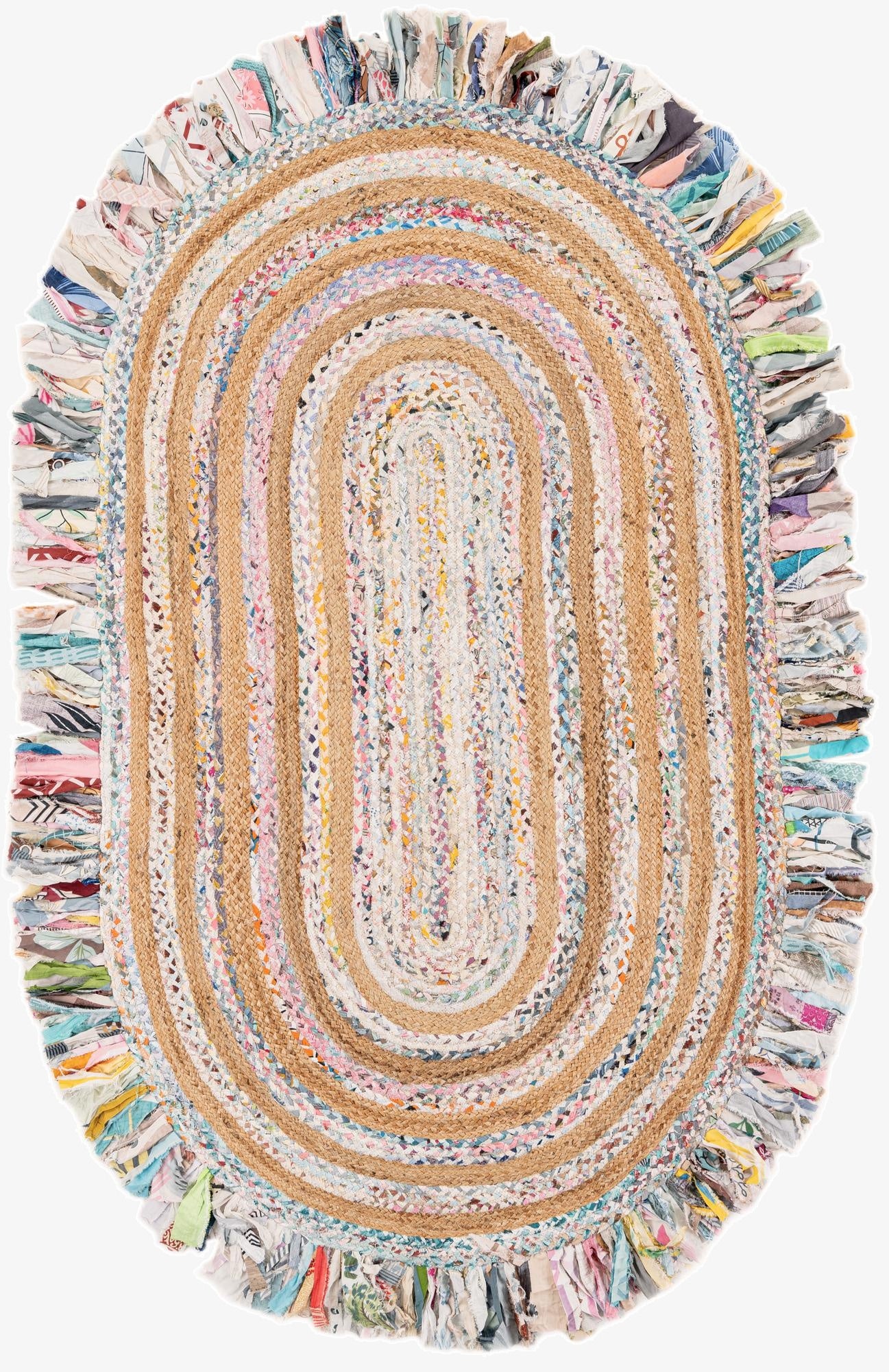 5' 1 x 8'  Hand Braided Chindi Jute Oval Rug