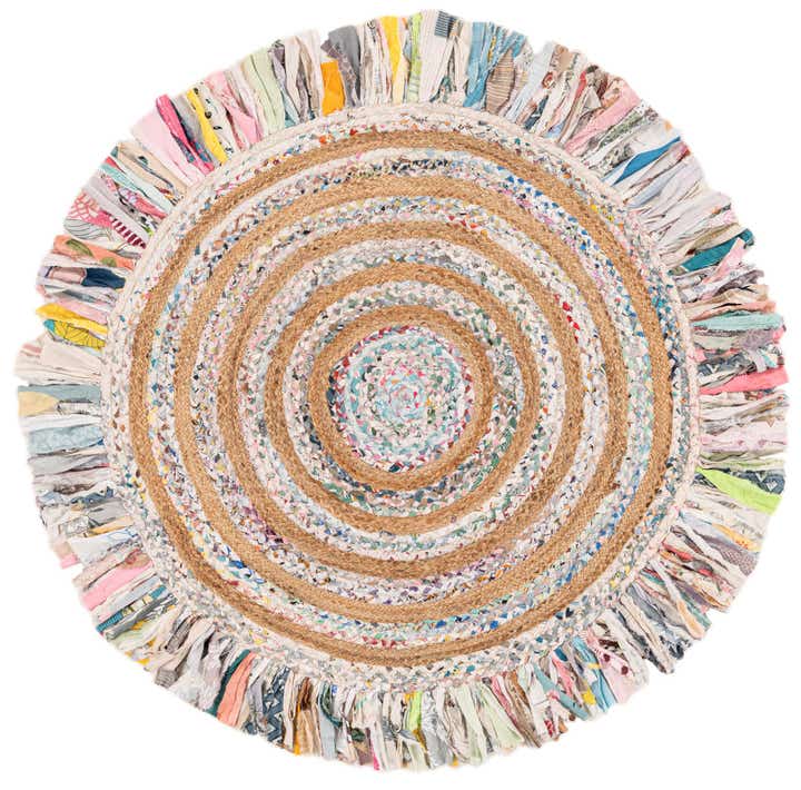 5' 1 x 5' 1 Hand Braided Chindi Jute Round Rug