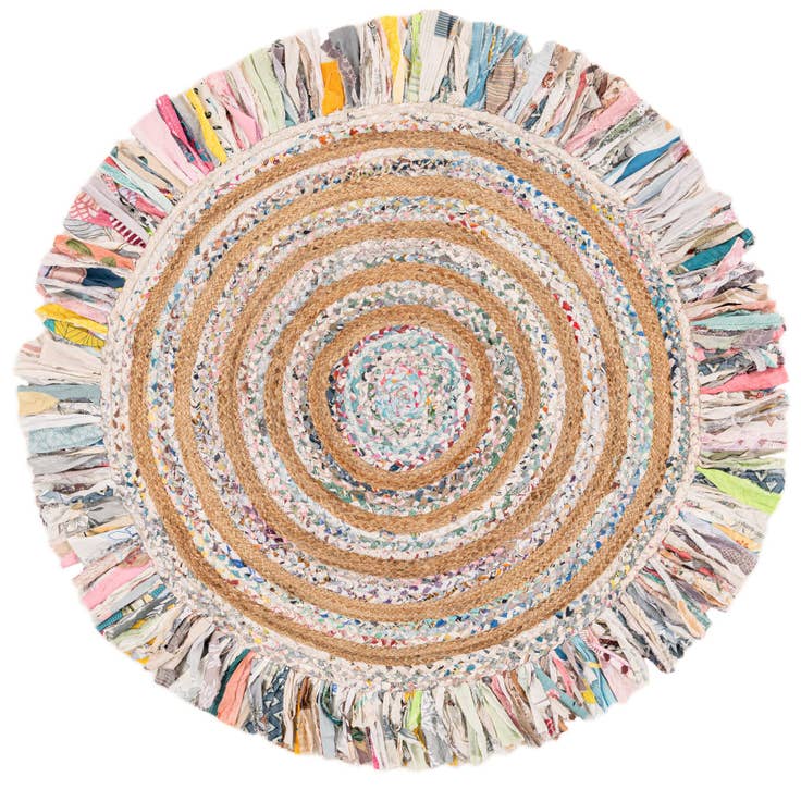 Detail image of 5' 1 x 5' 1 Hand Braided Chindi Jute Round Rug