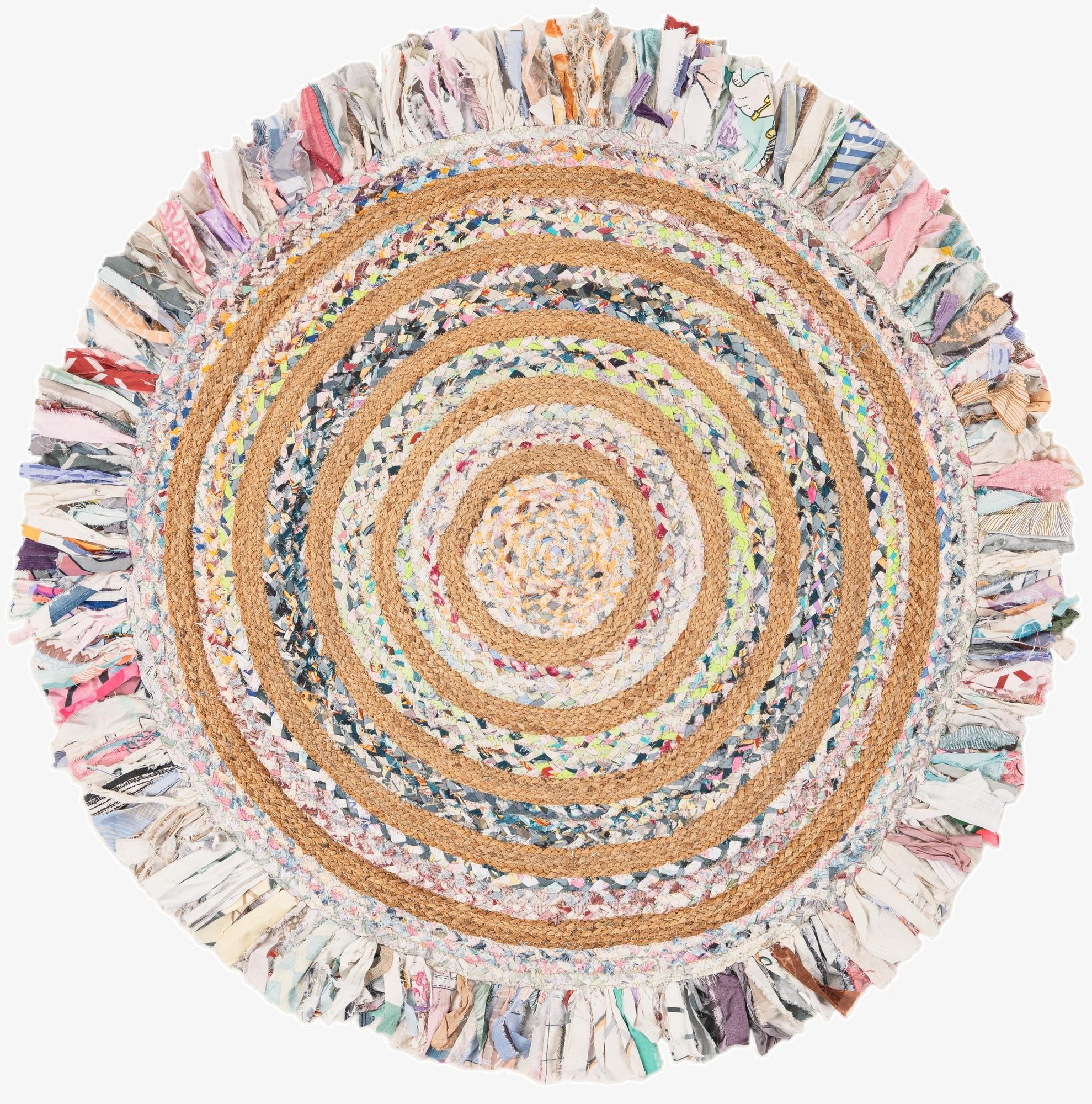 A round, multi-colored Chindi Jute rug with concentric circles of braided jute and recycled fabric strips, featuring a fringed edge.