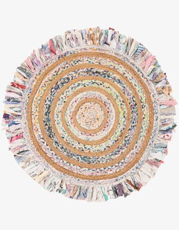 Multi White Hand Braided Chindi Jute Round Rug