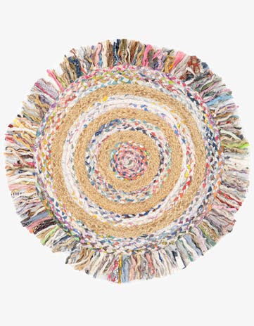 Multi White Hand Braided Chindi Jute Round Rug