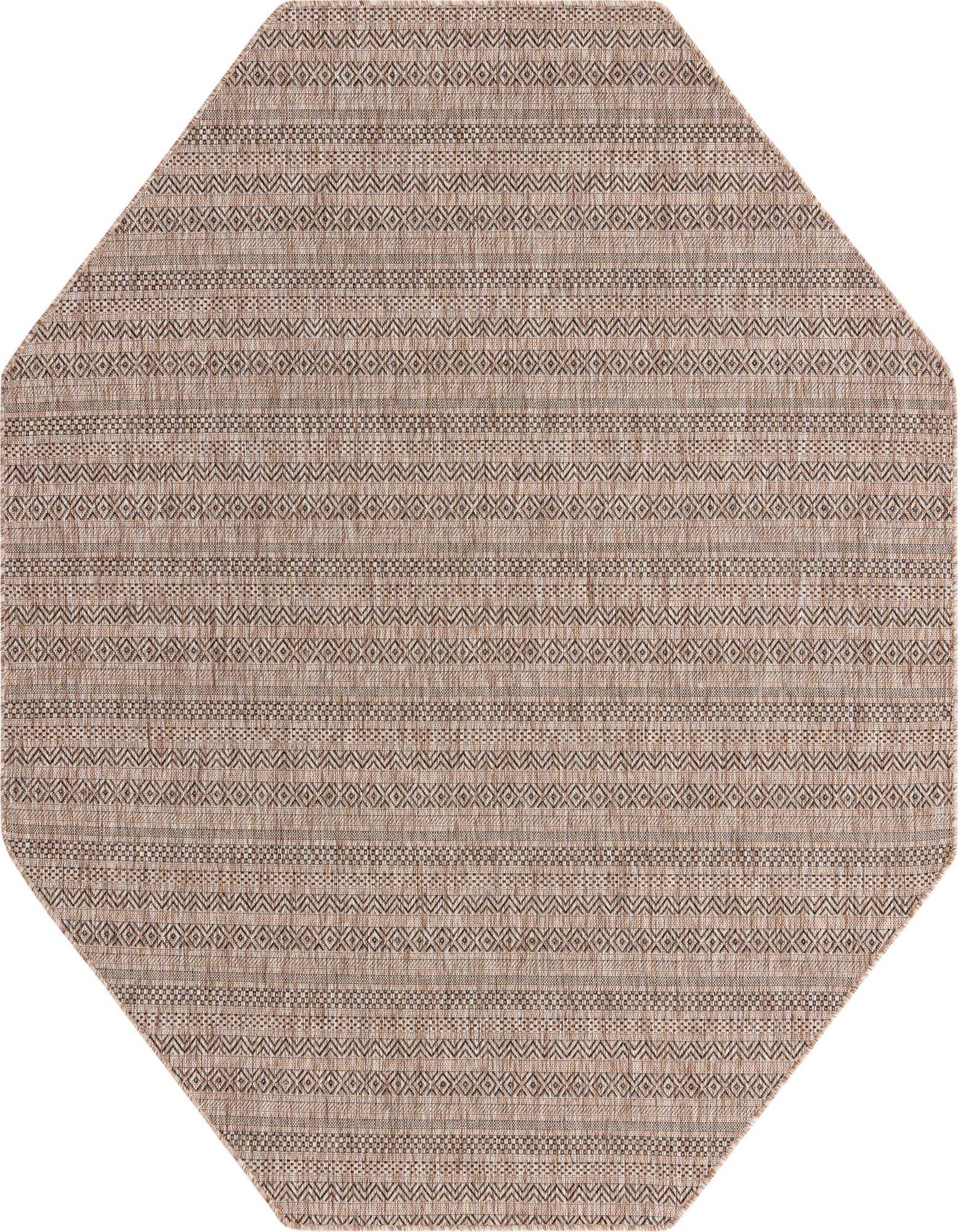 An octagon-shaped outdoor rug featuring horizontal stripes of tribal patterns in various shades of brown and tan.