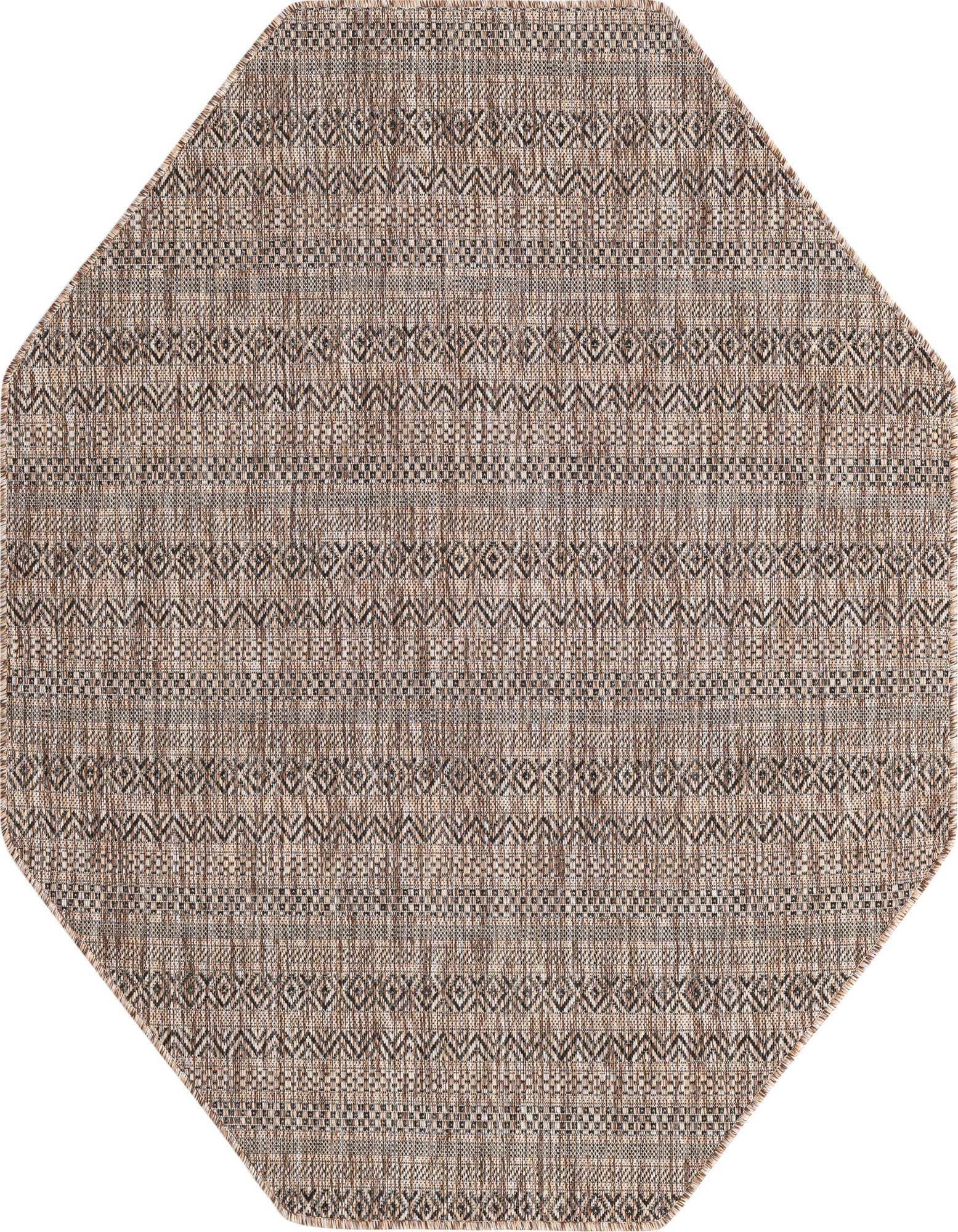 Octagon-shaped outdoor rug featuring a tribal pattern in shades of brown, tan, and cream, ideal for a patio.