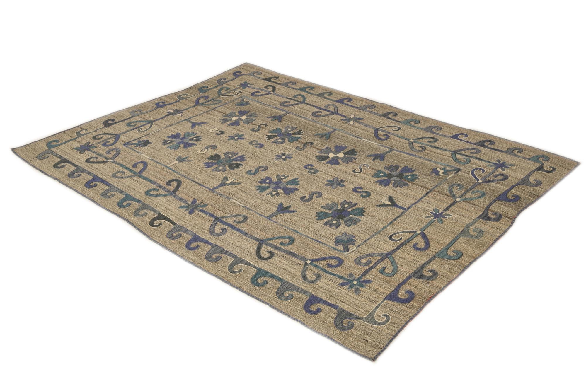 5' 9 x 7' 1 Hand Woven Kilim Suzani Wool Rug