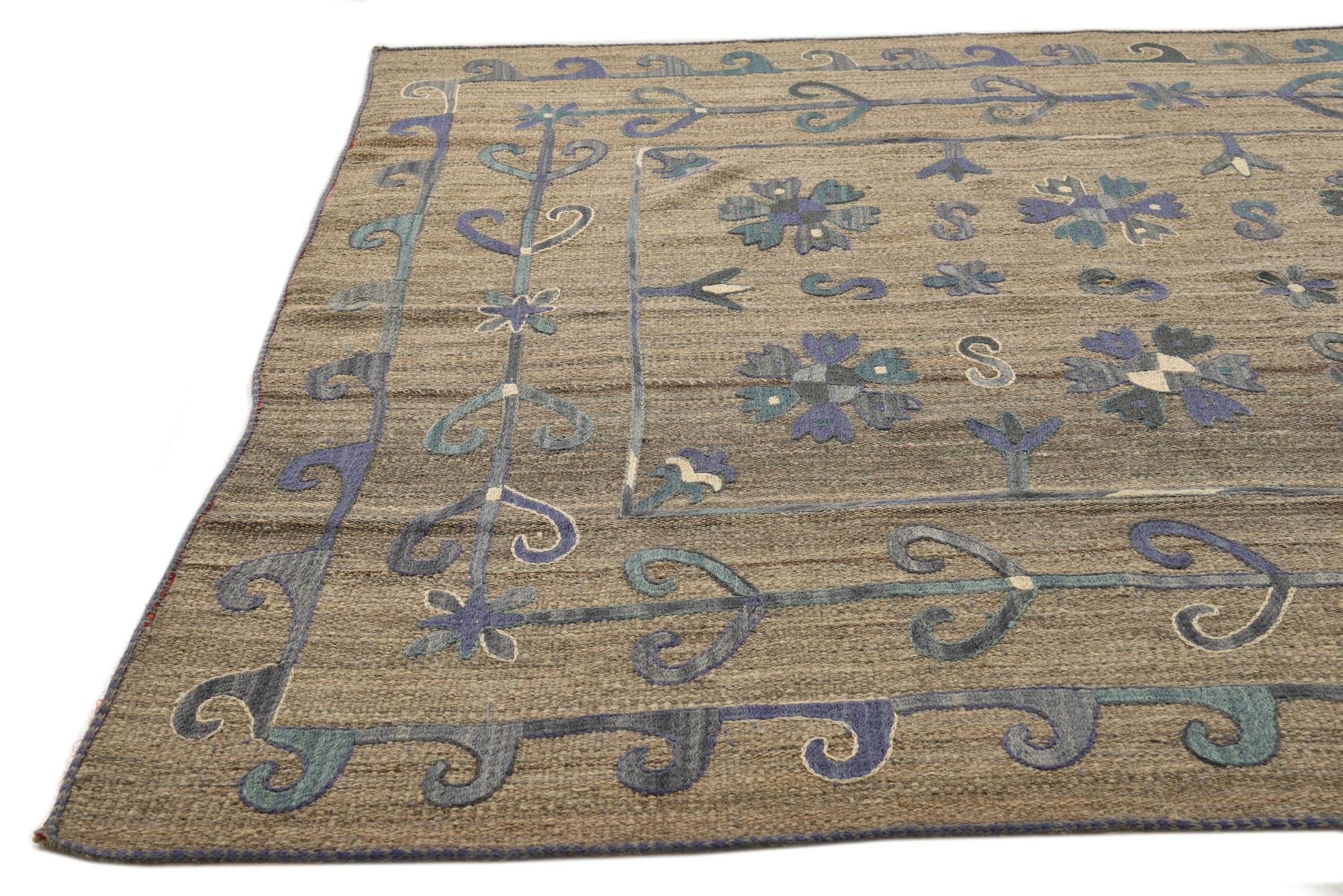5' 9 x 7' 1 Hand Woven Kilim Suzani Wool Rug