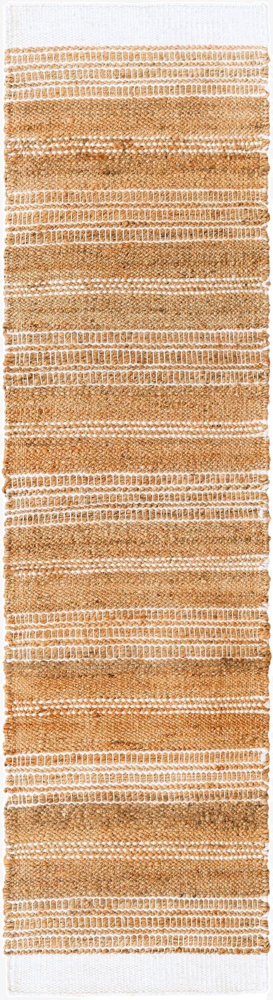 A handmade 8 ft Lariat runner rug with alternating stripes of natural jute and ivory wool, ideal for hallways.