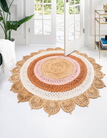 Natural White Orange Pink Handmade Braided Jute Round Rug