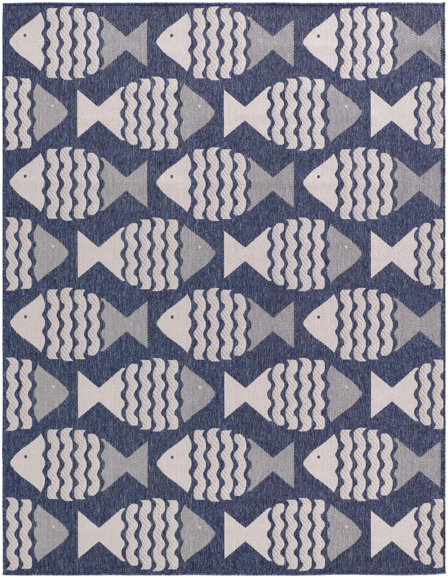 Navy Blue and Ivory Easy-Clean Coastal Indoor / Outdoor Rug