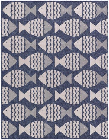 Navy Blue and Ivory Easy-Clean Coastal Indoor / Outdoor Rug