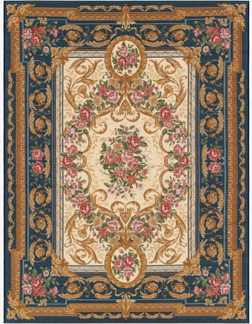 Navy Blue and Ivory Easy-Clean Traditional Indoor / Outdoor Rug