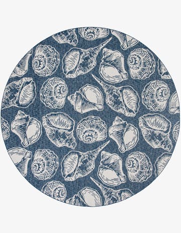 Navy Blue and Ivory Easy-Clean Coastal Indoor / Outdoor Round Rug