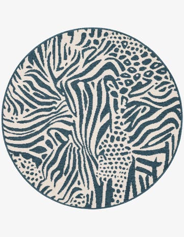 Navy Blue and Ivory Easy-Clean Safari Indoor / Outdoor Round Rug