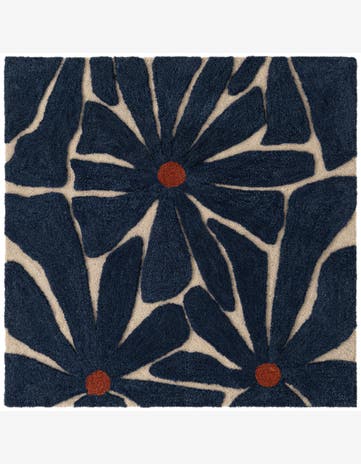 Navy Blue and Ivory Handtufted Wool Square Rug
