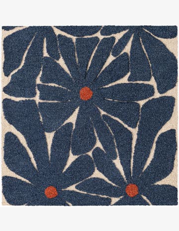 Navy Blue and Ivory Handtufted Wool Square Rug