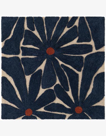 Navy Blue and Ivory Handtufted Wool Square Rug