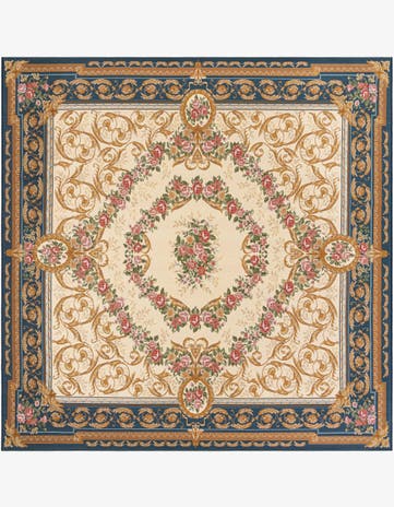 Navy Blue and Ivory Easy-Clean Traditional Indoor / Outdoor Square Rug