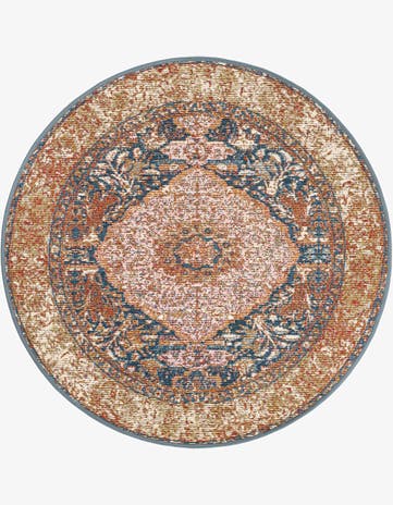 Navy Blue and Light Pink Easy-Clean Traditional Indoor / Outdoor Round Rug