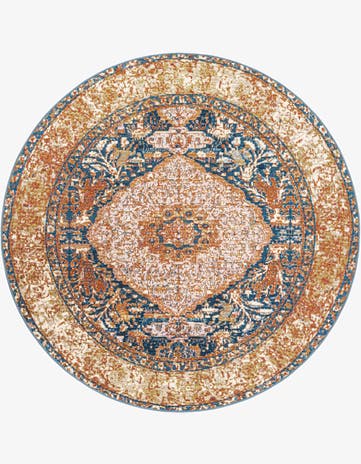Navy Blue and Light Pink Easy-Clean Traditional Indoor / Outdoor Round Rug