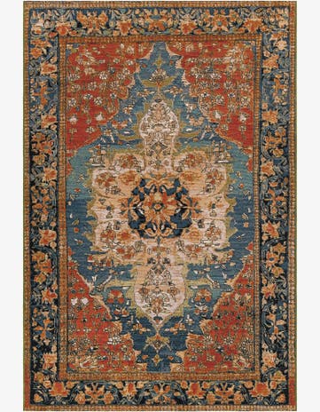 Navy Blue and Rust Red Easy-Clean Traditional Indoor / Outdoor Rug
