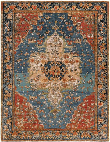 Navy Blue and Rust Red Easy-Clean Traditional Indoor / Outdoor Rug