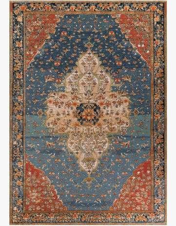 Navy Blue and Rust Red Easy-Clean Traditional Indoor / Outdoor Rug