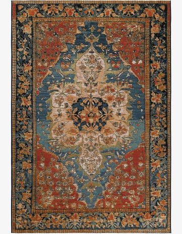 Navy Blue and Rust Red Easy-Clean Traditional Indoor / Outdoor Rug