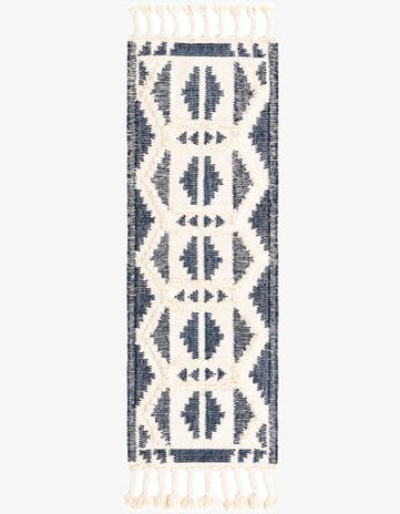 Navy Blue and White Hand Woven Arizona Wool Runner Rug