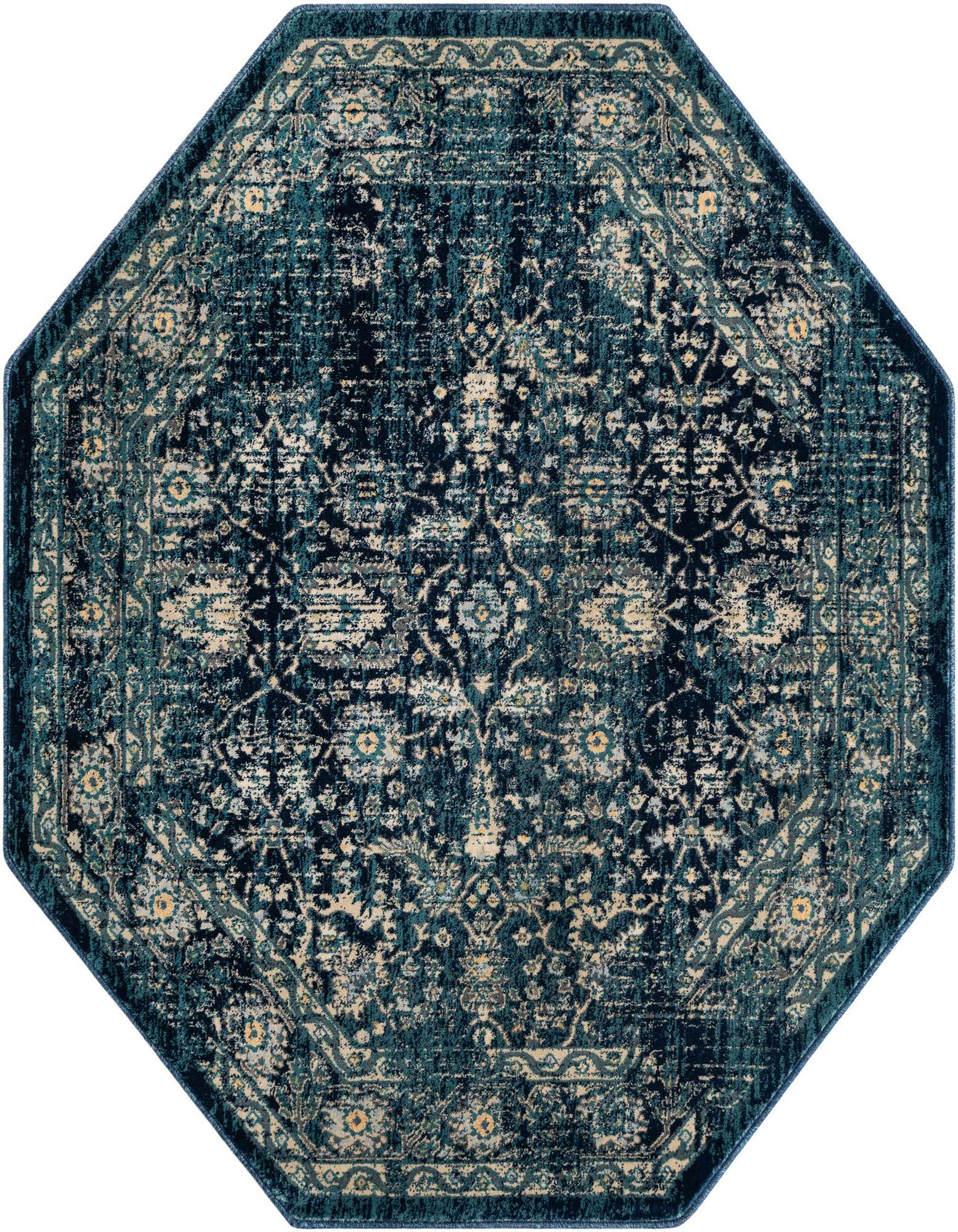Octagon-shaped Dahlia rug, 5' 3 x 5' 3, featuring a distressed navy blue and teal traditional medallion pattern.