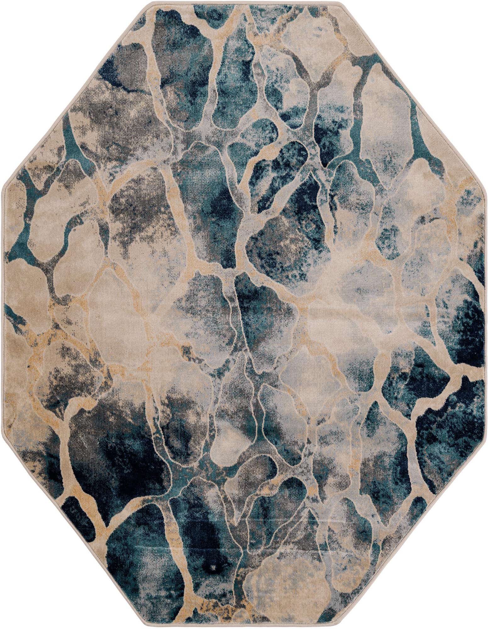 An octagon-shaped Rugs.com Gossamer rug featuring an abstract pattern in varying shades of blue, grey, and beige.