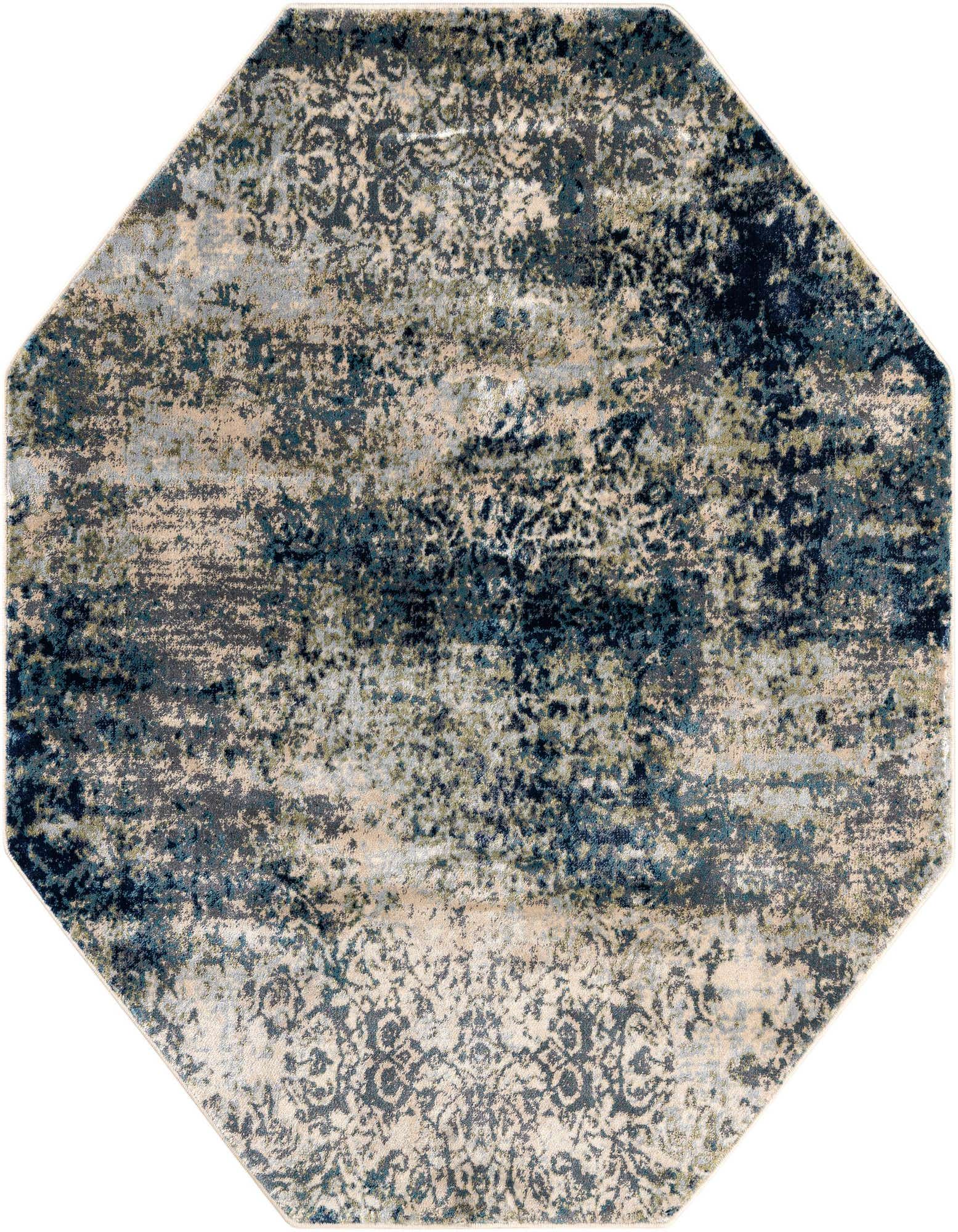 Octagon-shaped area rug with an abstract, vintage-inspired pattern in shades of navy blue, light blue, and beige.