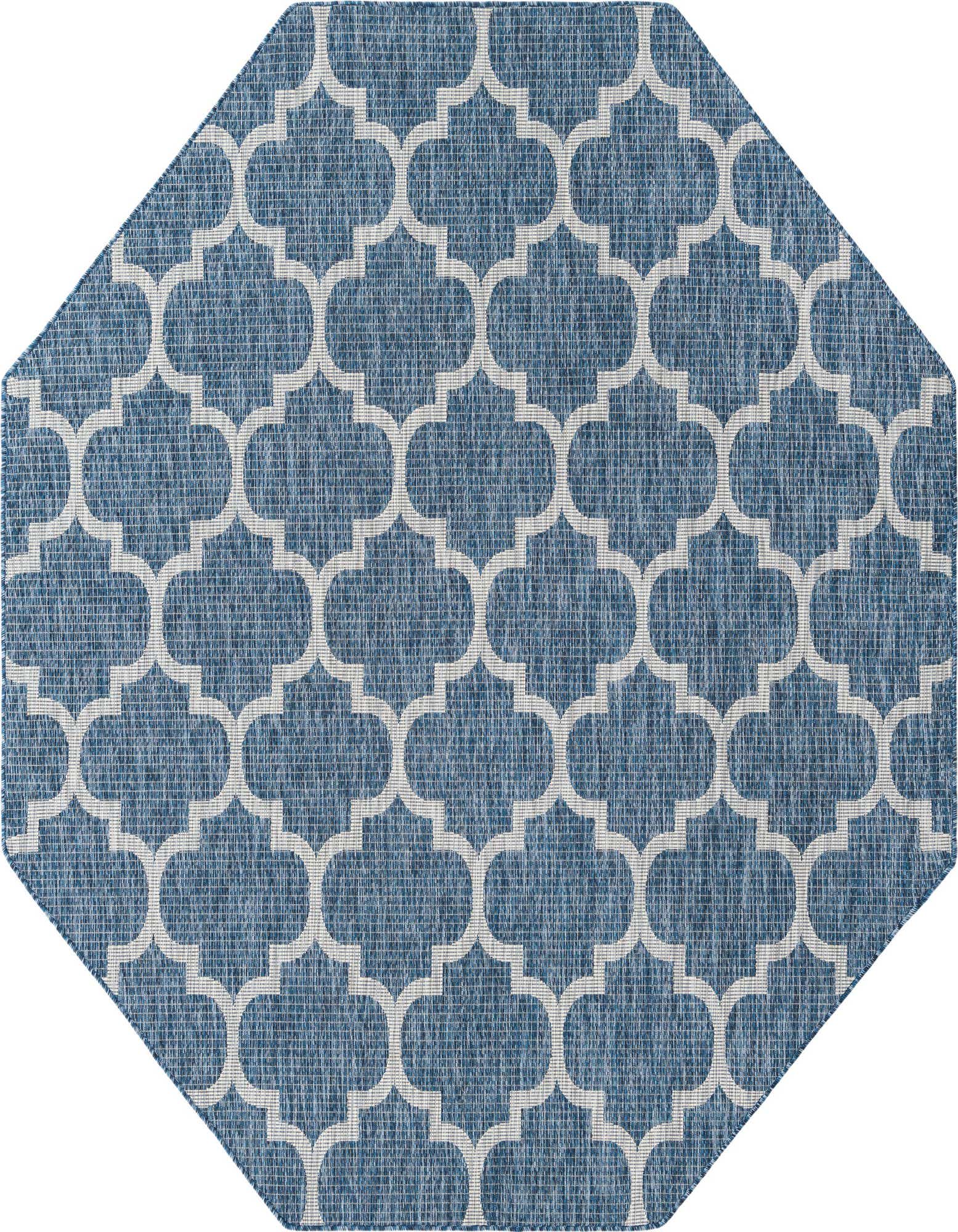 A 7' 10 x 7' 10 octagon rug in a navy blue and white trellis pattern, suitable for indoor or outdoor use.