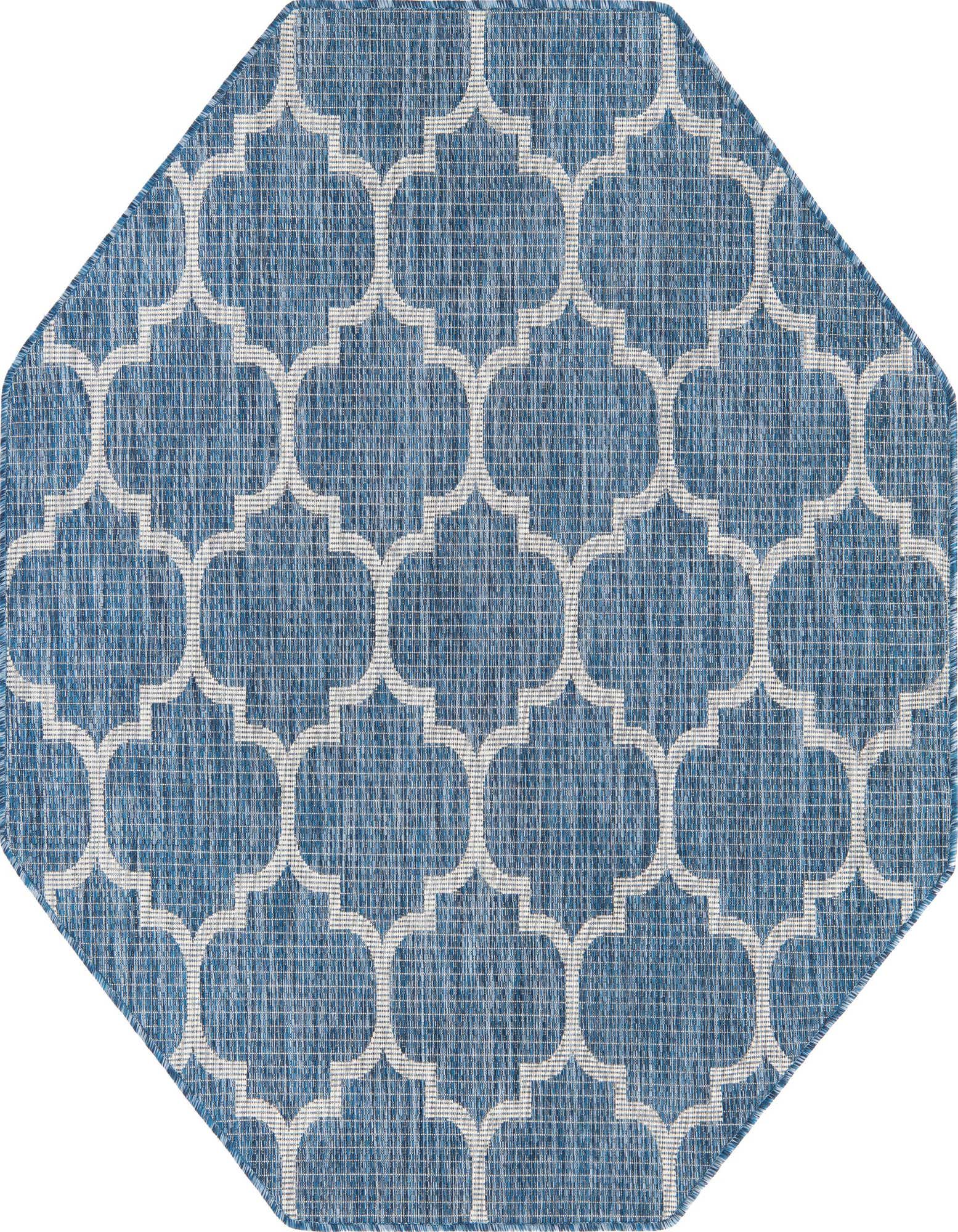 5' 3 x 5' 3 octagon blue indoor/outdoor rug with a white modern trellis pattern, ideal for a patio.
