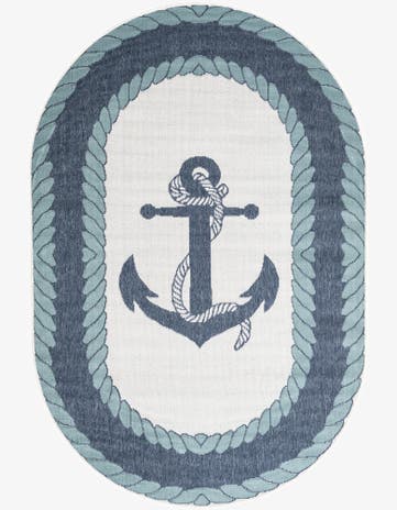 Navy Blue Easy-Clean Coastal Indoor / Outdoor Oval Rug