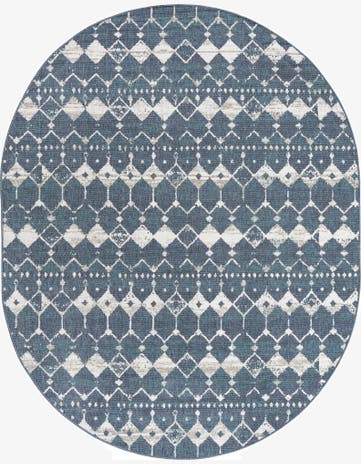 Navy Blue Easy-Clean Lattice Indoor / Outdoor Oval Rug