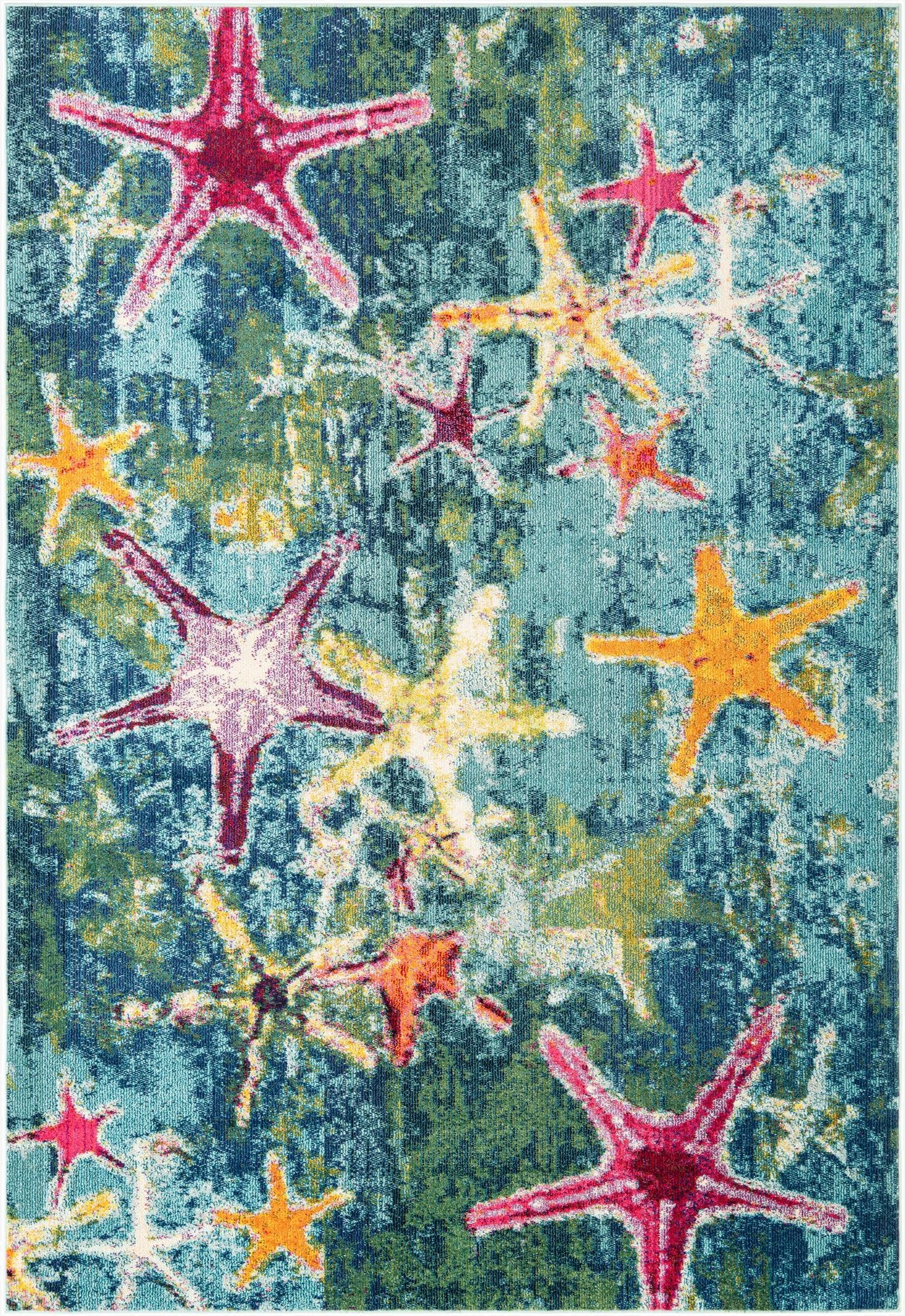 A rectangular 7x10 modern rug with a vibrant blue background and scattered starfish in shades of red, orange, and yellow.