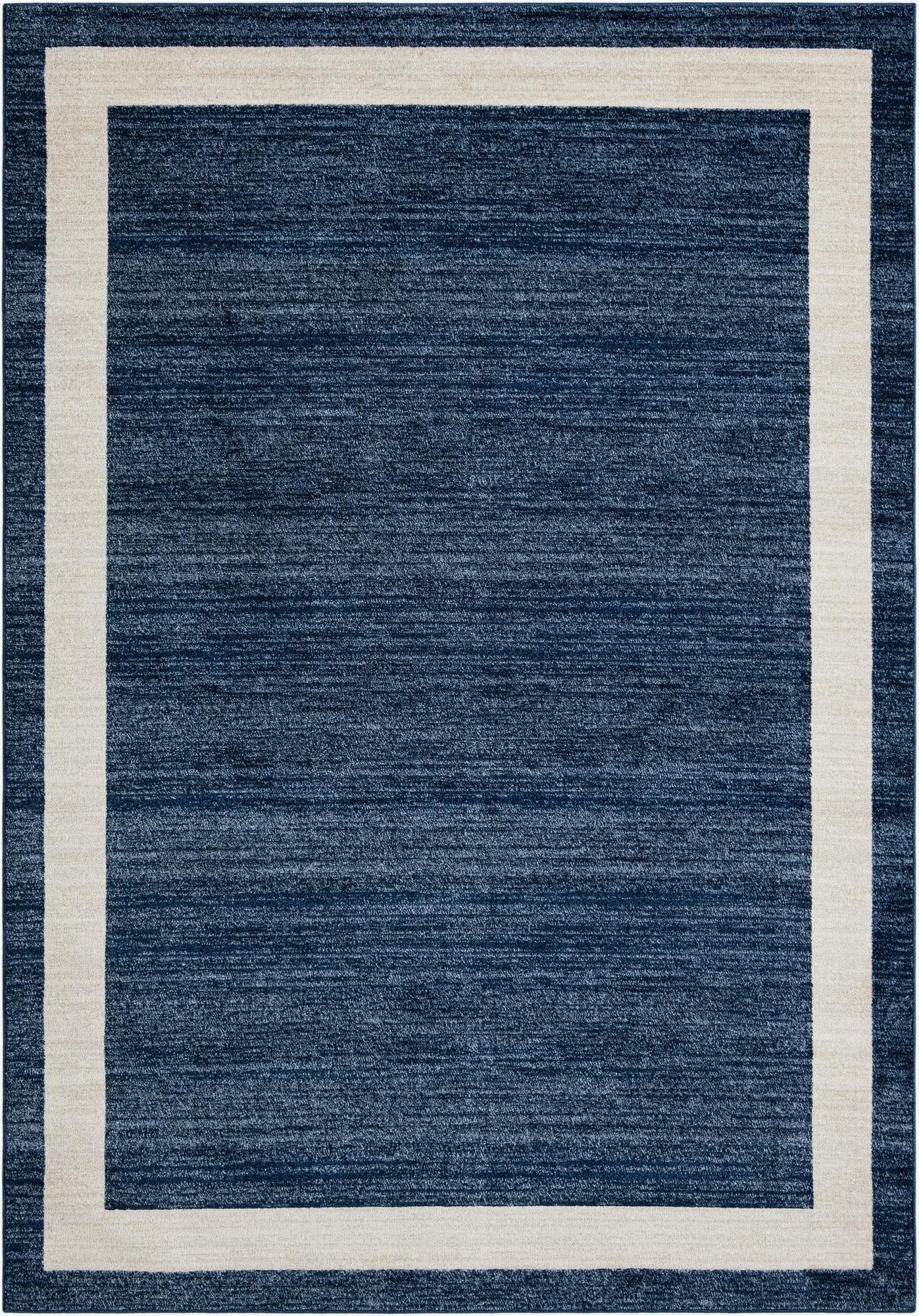 An 8x11 rectangular navy blue area rug with a clean, light beige border, suitable for a living room.
