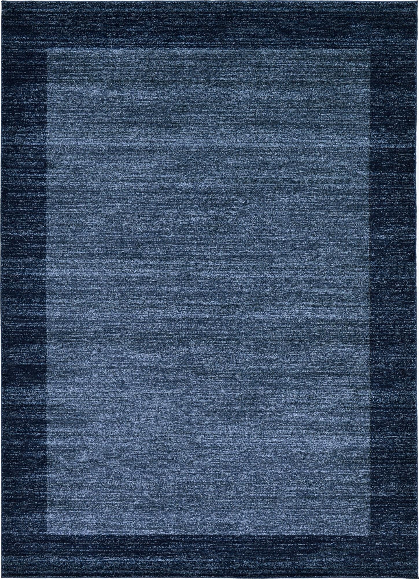 An 8x11 rectangular navy blue area rug with a subtle border, featuring a textured, solid contemporary design.