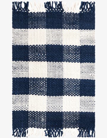 Navy Blue Easy-Clean Eco Plaid Washable Indoor / Outdoor Rug