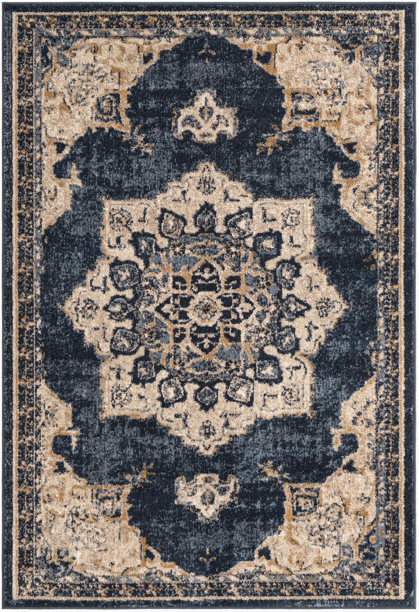 A 4x6 rectangular Eden collection rug featuring a distressed medallion pattern in varying shades of blue, beige, and gold.
