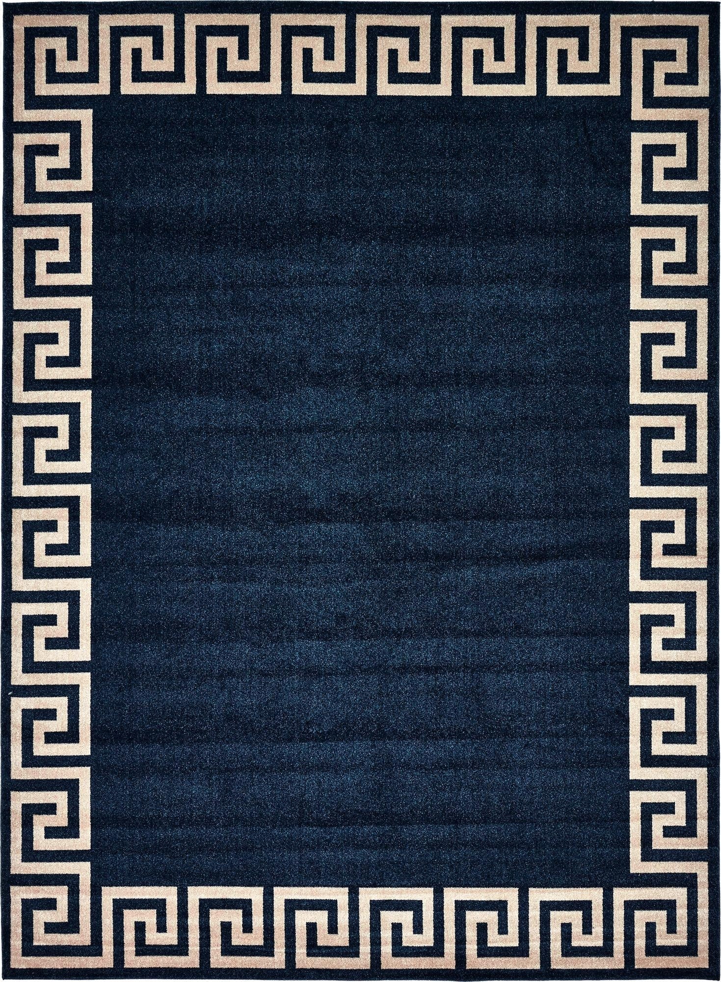 A 10x13 rectangular navy blue area rug featuring a cream Greek key border pattern, suitable for a living room.