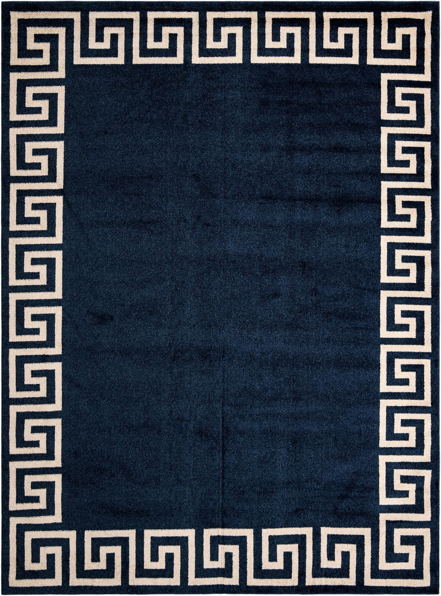 A 9x12 rectangular navy blue area rug with a cream Greek key border, suitable for a living room.