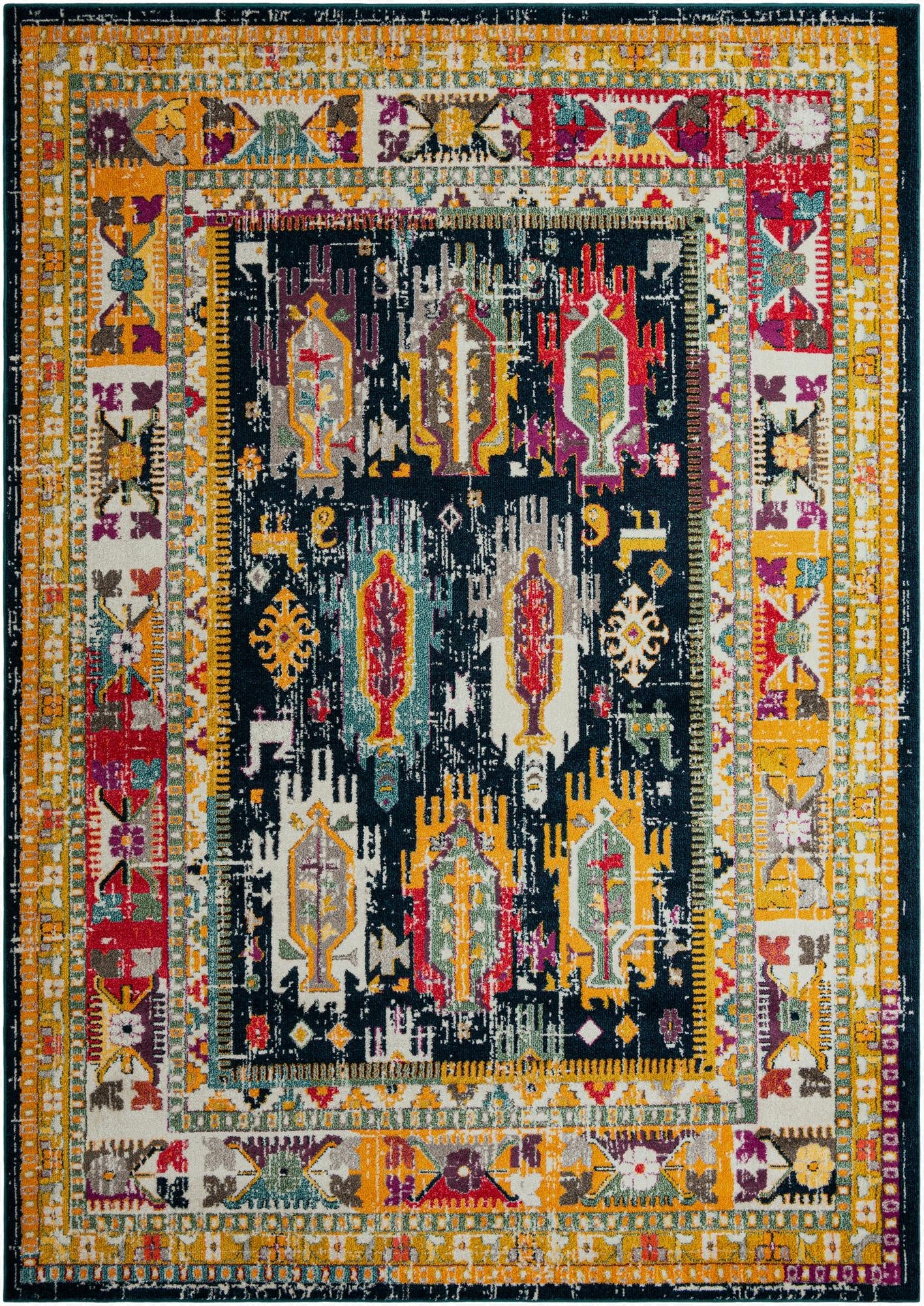 A vibrant 10x14 rectangular area rug with a distressed, multi-colored pattern featuring blues, yellows, reds, and purples, ideal for an indoor living space.